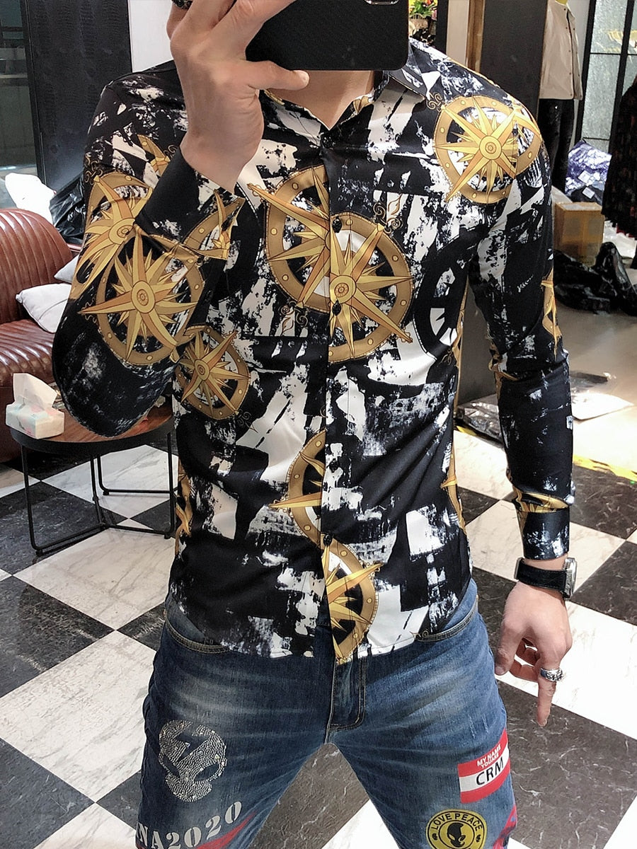 Wind Direction Printed Pattern Long Sleeve Shirt