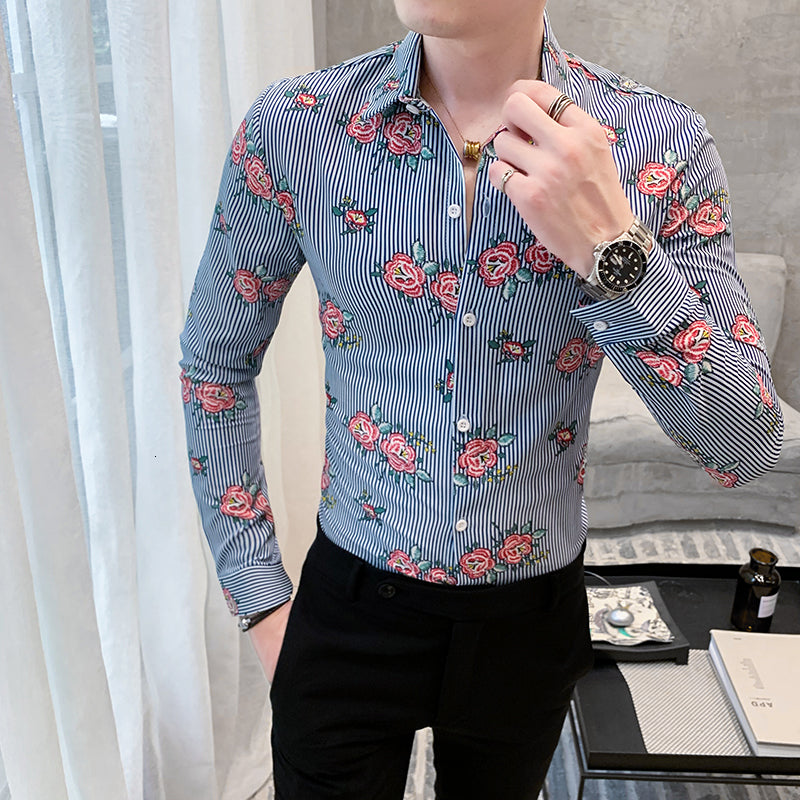 Estampado de flores a rayas Slim Fit Manga larga Estilo Camisas de hombre