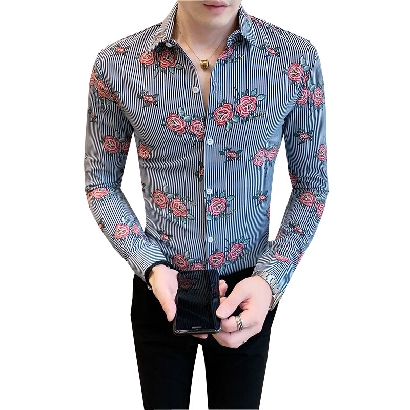 Estampado de flores a rayas Slim Fit Manga larga Estilo Camisas de hombre