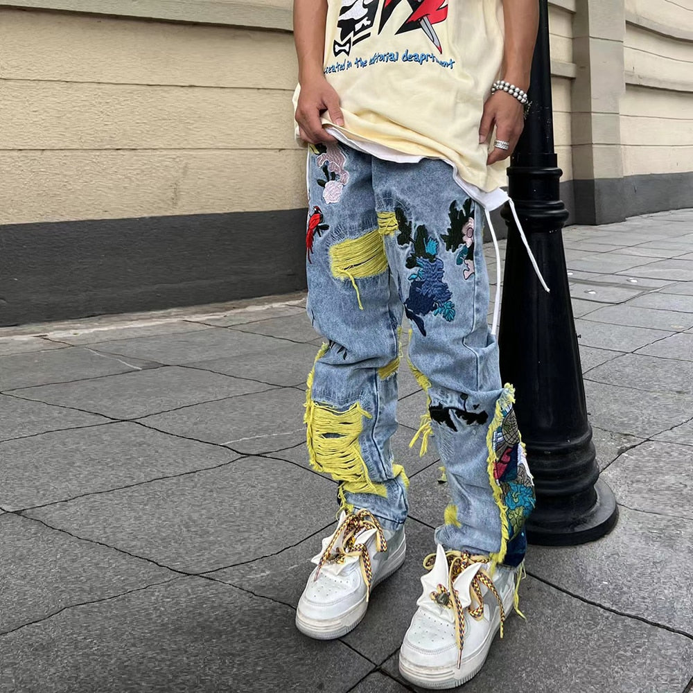 Streetwear Retro Embroidery Patchwork Men jeans
