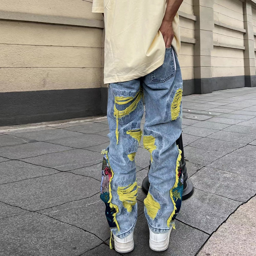 Streetwear Retro Embroidery Patchwork Men jeans