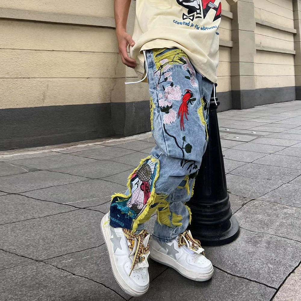 Streetwear Retro Embroidery Patchwork Men jeans