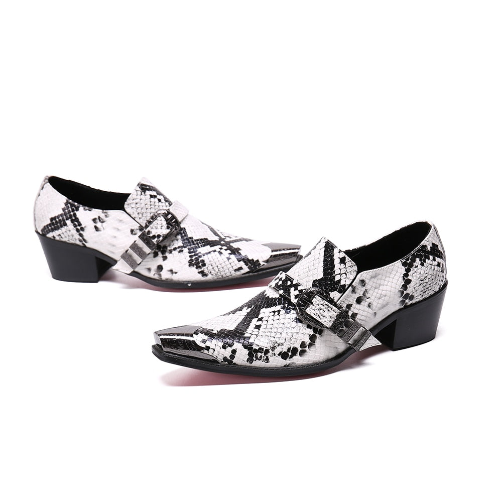 Metal Toe and Buckle Snakeskin Look Men Shoes