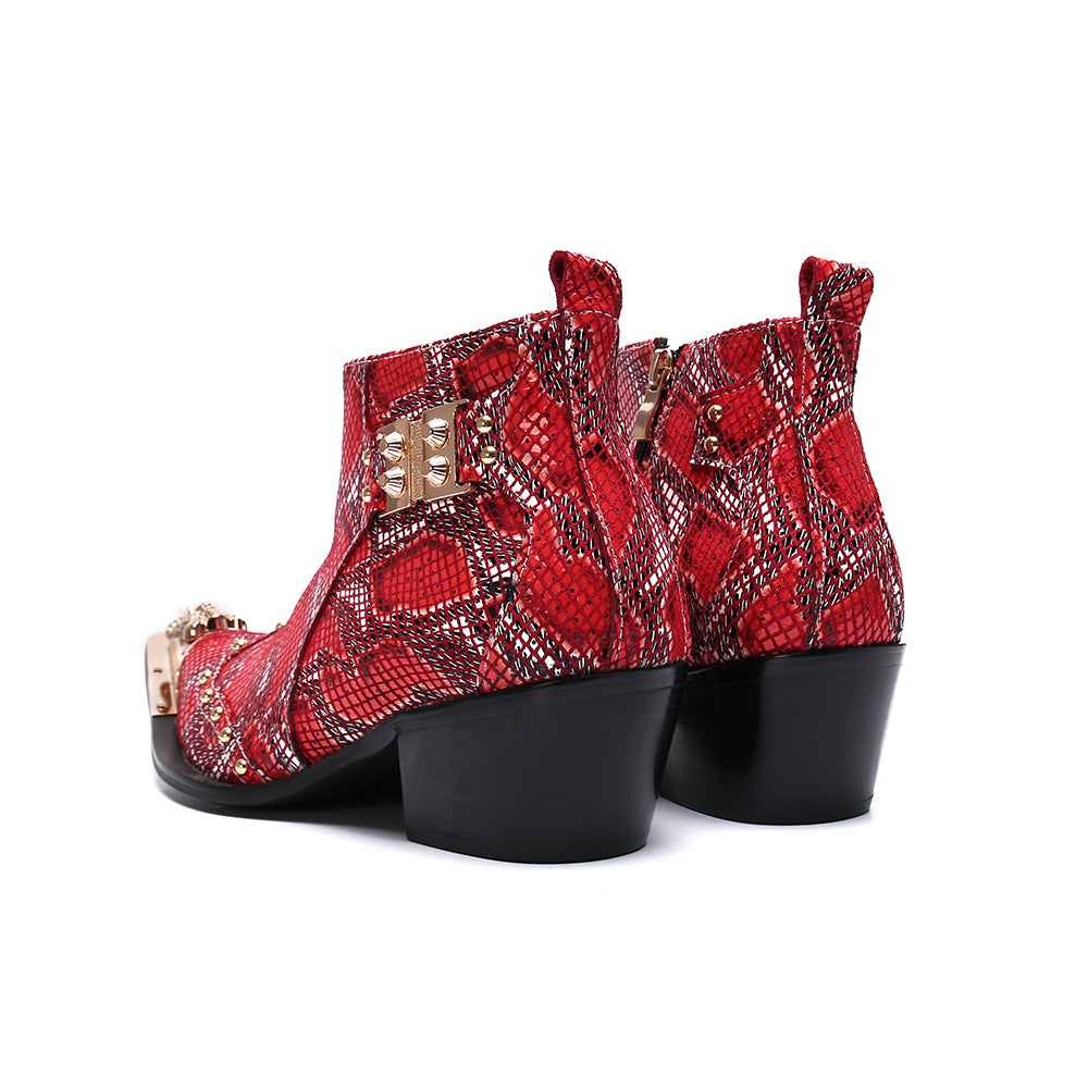 Botas de hombre con punta de metal y estampado de serpiente con hebillas