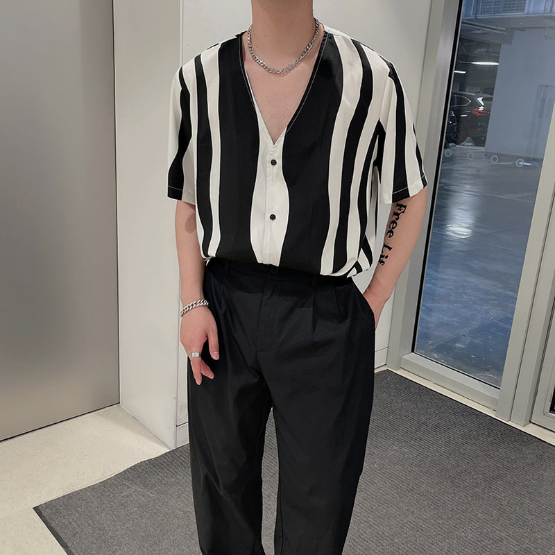 Collarless V-Neck Stripes Zebra Polyester Shirt