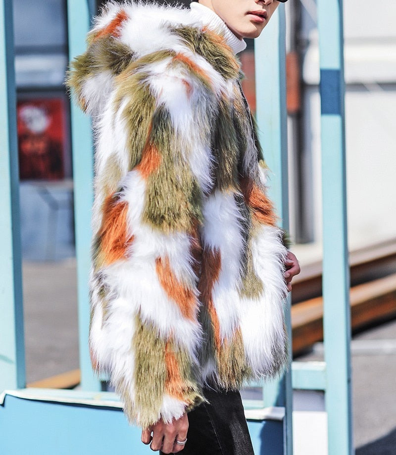 Veste en fourrure pour homme camouflage vert blanc marron avec capuche