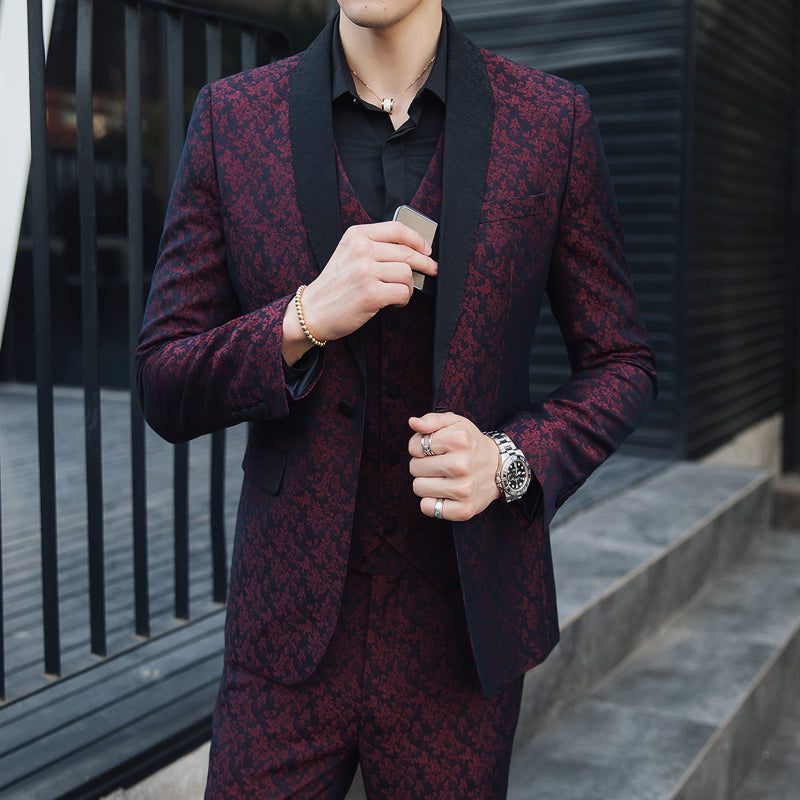 Contrast Black Collar Wine Red Patterned Men Slim Fit Suit Set with Vest and Trouser - FanFreakz