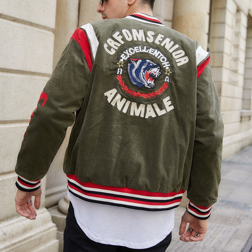 Emblem Embroidery Corduroy Bomber Jacket