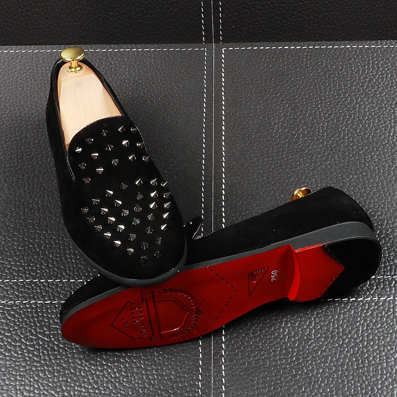 Solid Black Rivets Punk Style Men Loafers Shoes