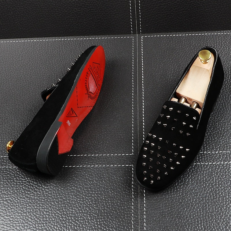 Solid Black Rivets Punk Style Men Loafers Shoes