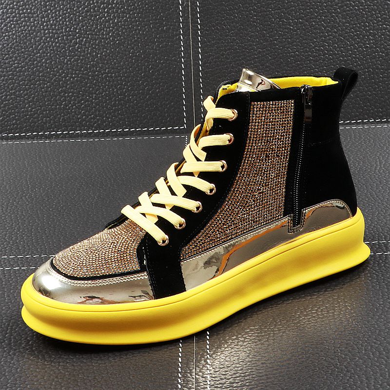 Sneaker pour hommes de style bling haut en cristal noir or jaune