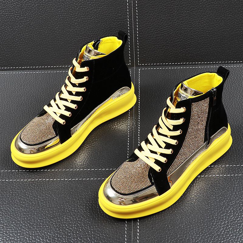 Sneaker pour hommes de style bling haut en cristal noir or jaune