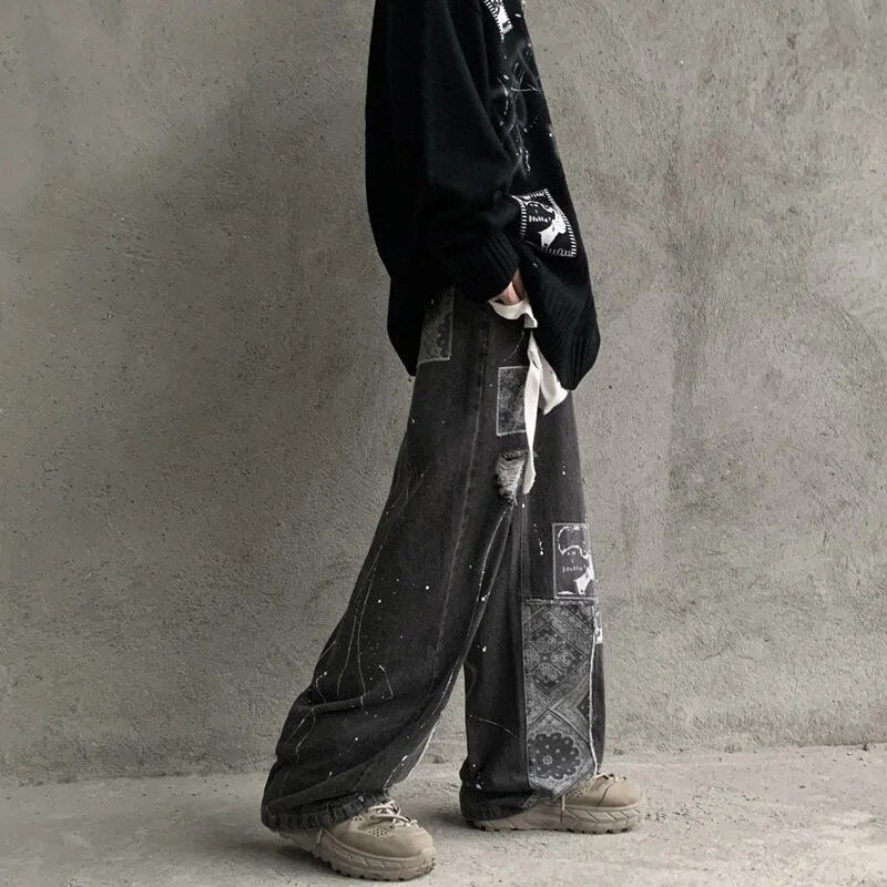 Black Patchwork Loose Denim Pants