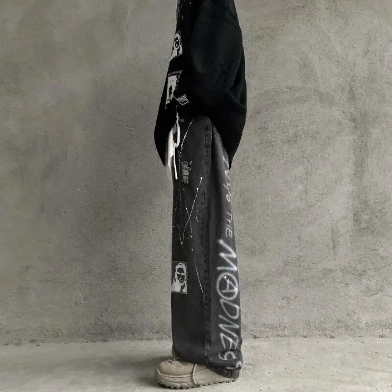 Black Patchwork Loose Denim Pants