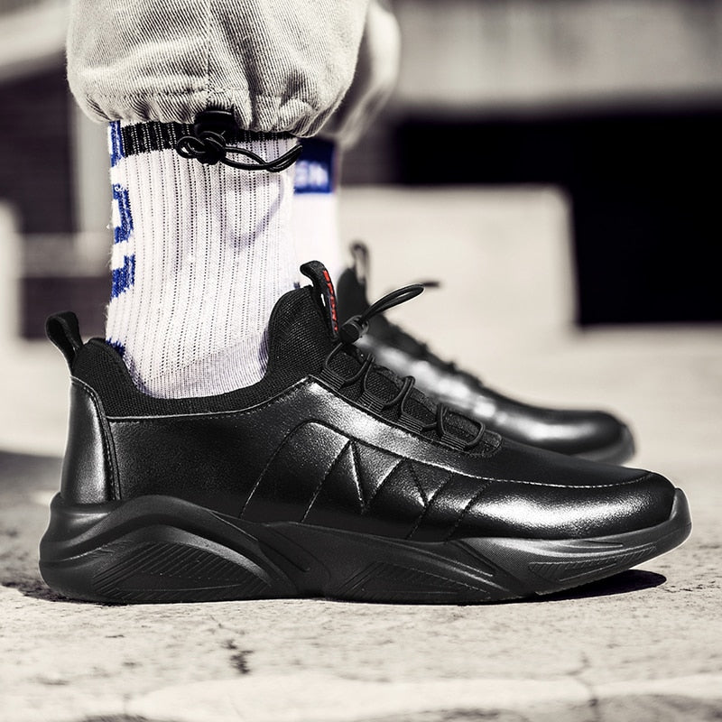 Elastic Laces Men Monochrome PU Leather Sneakers