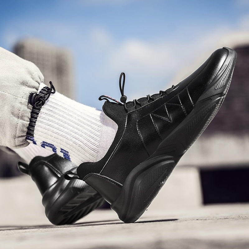 Elastic Laces Men Monochrome PU Leather Sneakers