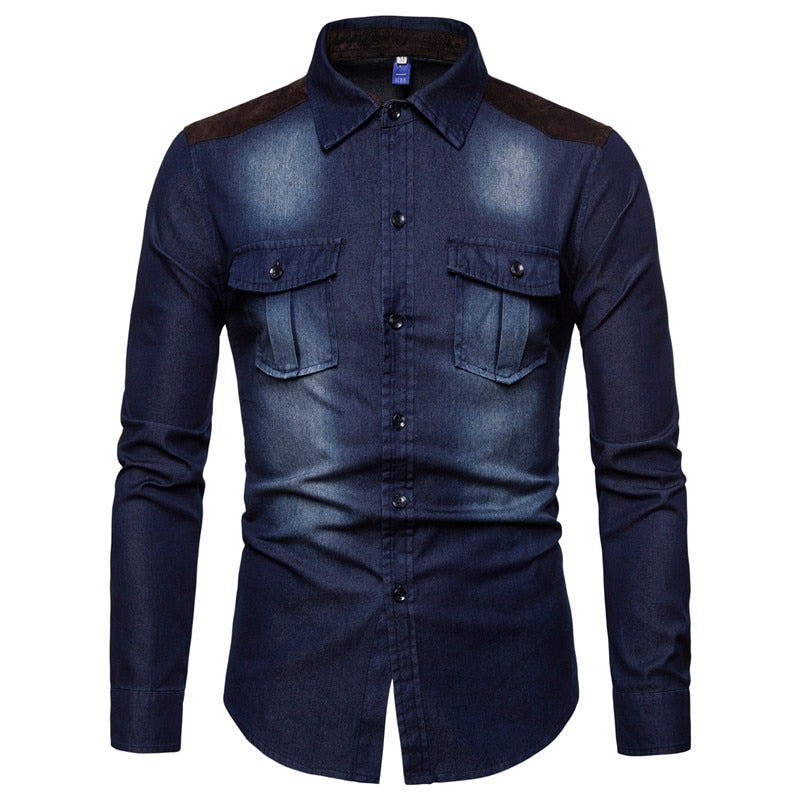 Lined Shoulder Long-Sleeved Denim Shirt