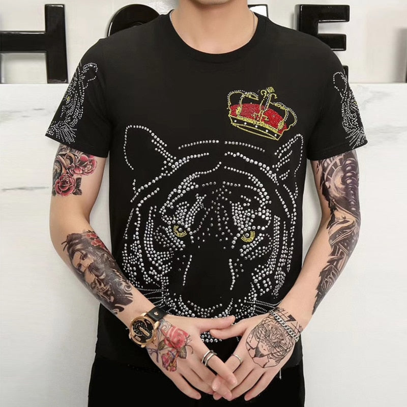 T-shirt Homme Monochrome Strass Tigre Couronné