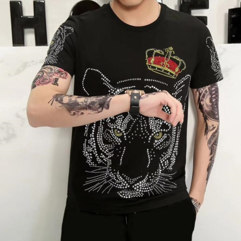 T-shirt Homme Monochrome Strass Tigre Couronné