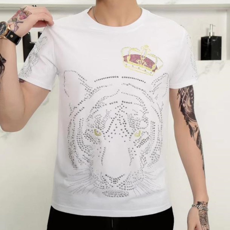 Crowned Tiger Rhinestones Monochrome Men T-Shirt