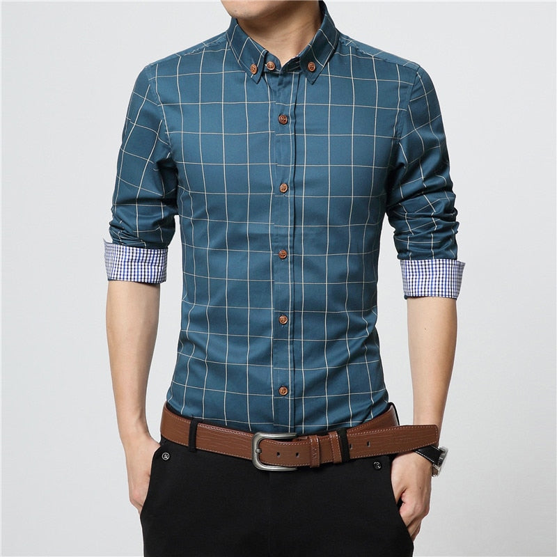 Solid Plaid Long-Sleeved Cotton Shirts