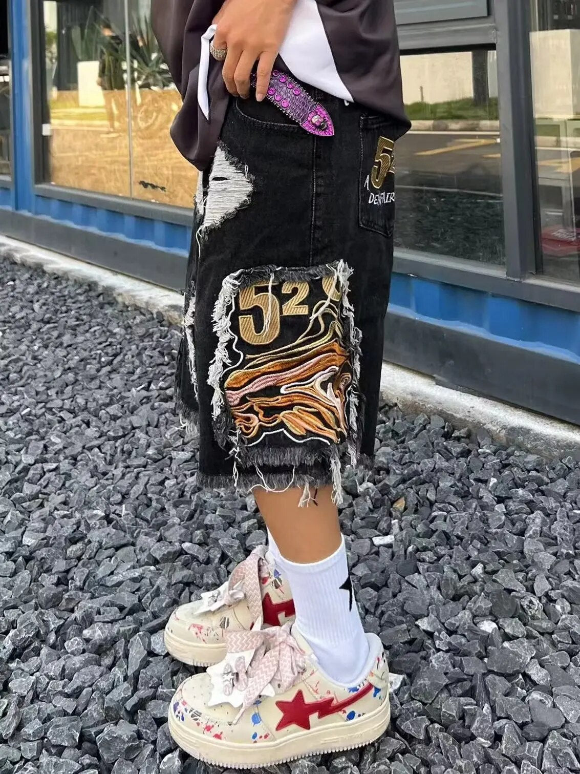 Embroidery Patchwork Ripped Denim Shorts