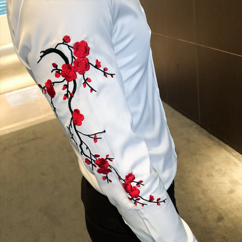 Red Flower and Branches Embroidery Decorated Shirt