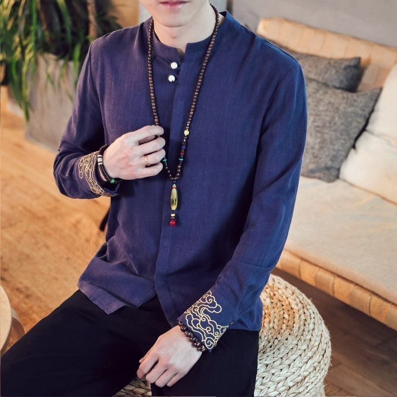 Men Linen Shirts Long Sleeve Chinese Style Mandarin Collar Traditional Kung Fu Tang Casual Social Shirt Plus Size M-4XL 5XL 6XL