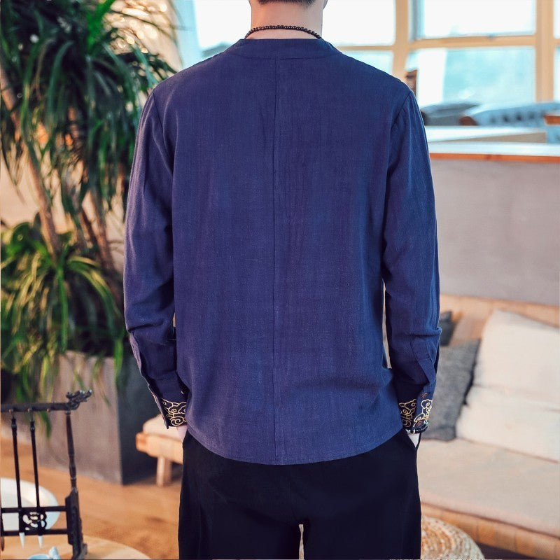 Style Kung Fu traditionnel en lin avec chemise à manches longues pour homme brodée au poignet simple