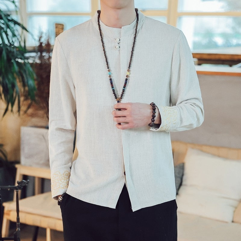 Style Kung Fu traditionnel en lin avec chemise à manches longues pour homme brodée au poignet simple
