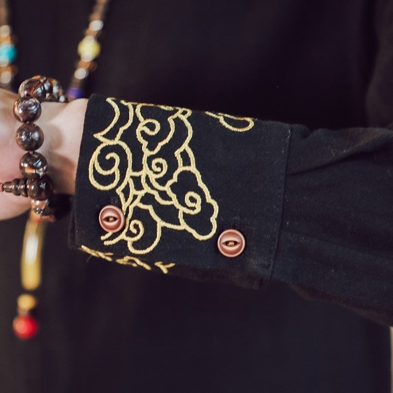 Style Kung Fu traditionnel en lin avec chemise à manches longues pour homme brodée au poignet simple