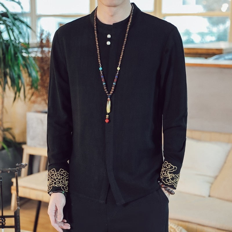 Style Kung Fu traditionnel en lin avec chemise à manches longues pour homme brodée au poignet simple
