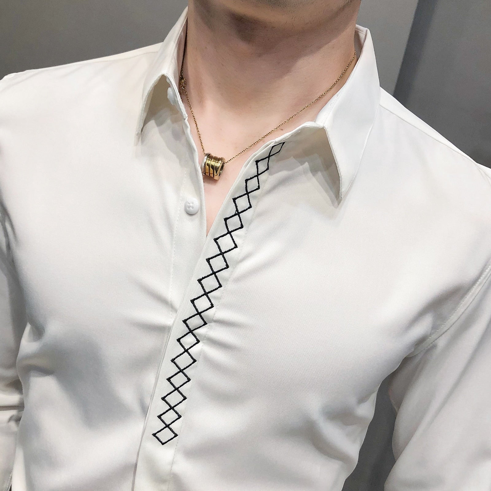 Diamond Line Decorated Solid Color Long Sleeve Shirt