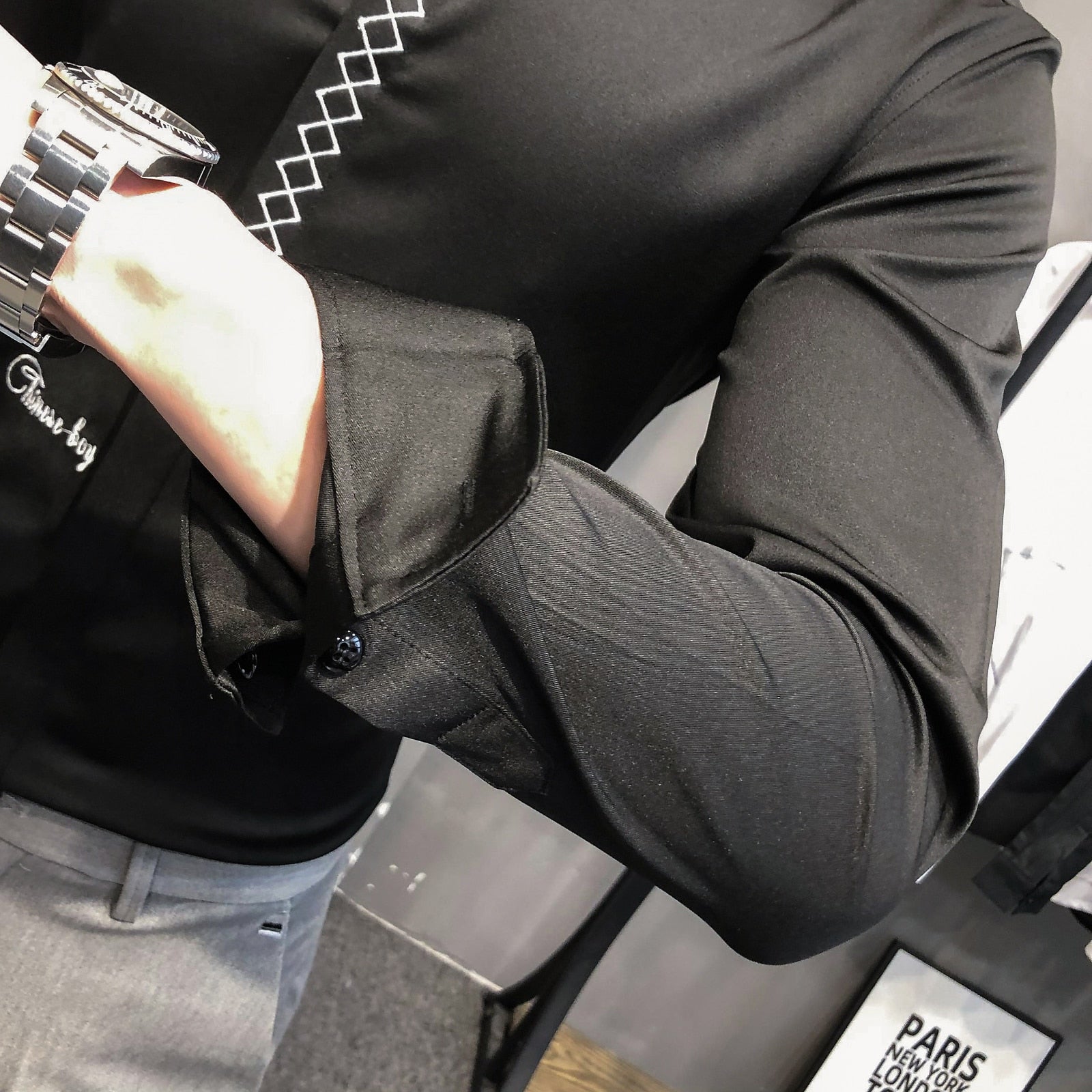 Diamond Line Decorated Solid Color Long Sleeve Shirt