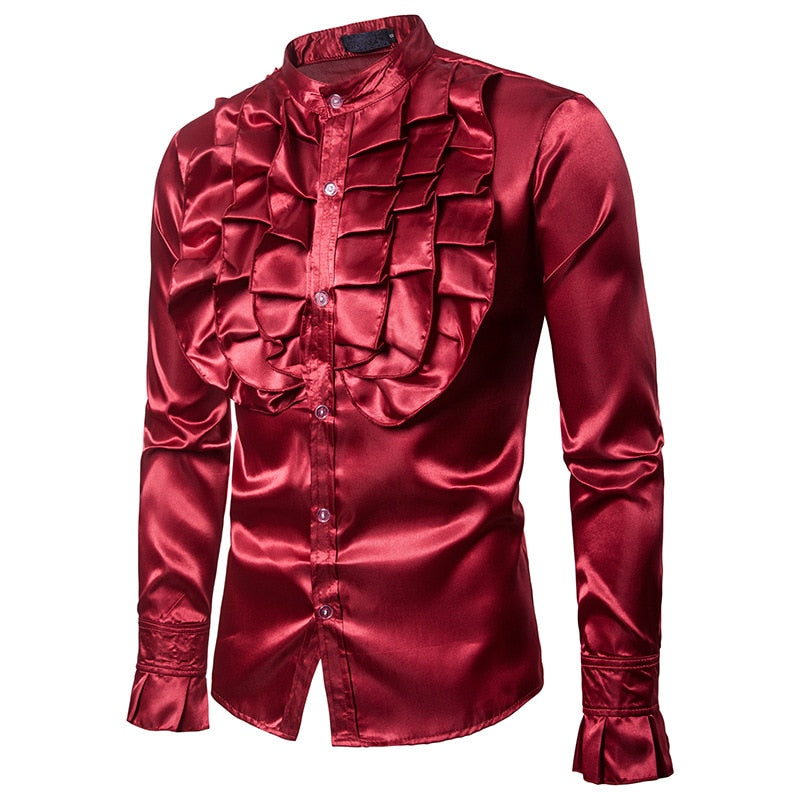 Satin Solid Glow with Ruffles Detail Men Long Sleeves Shirt