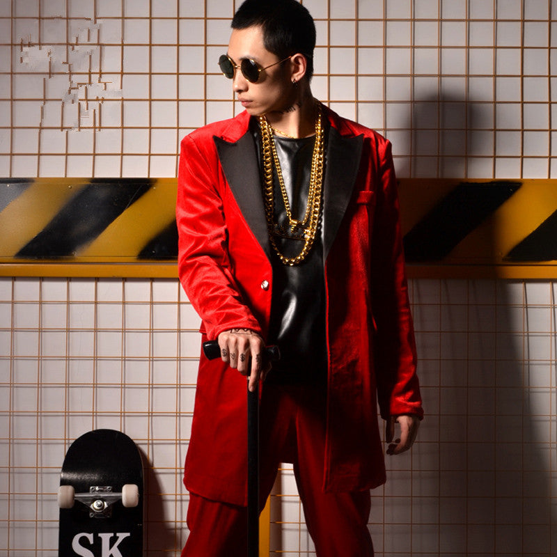 Red Velvet White Lapel Men Long Blazer with Pants Optional For Stage Performance