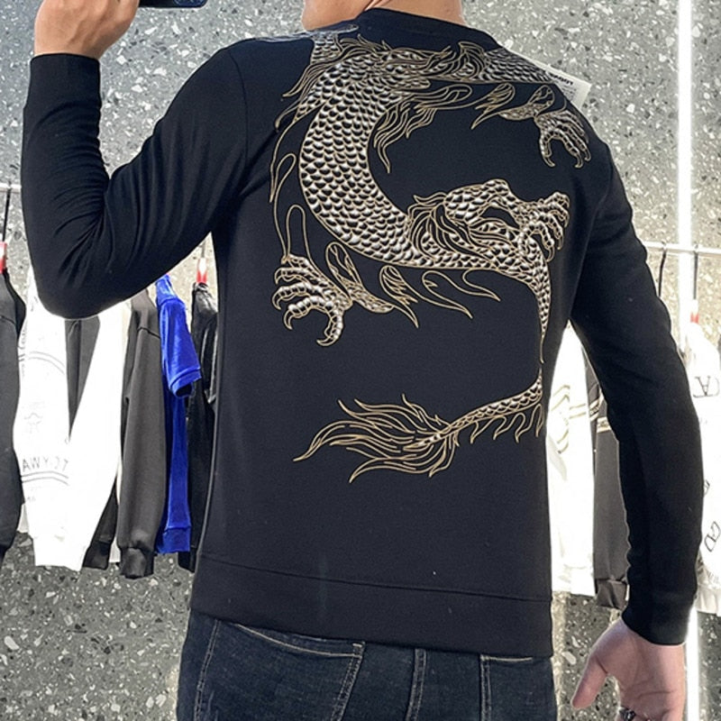 Dragon Printed Rhinestone Long Sleeve T-Shirt