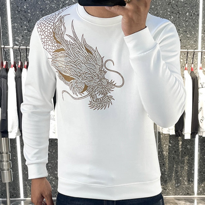 Dragon Printed Rhinestone Long Sleeve T-Shirt