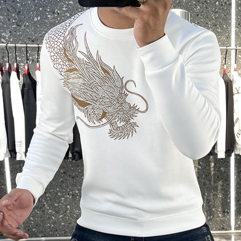 Dragon Printed Rhinestone Long Sleeve T-Shirt