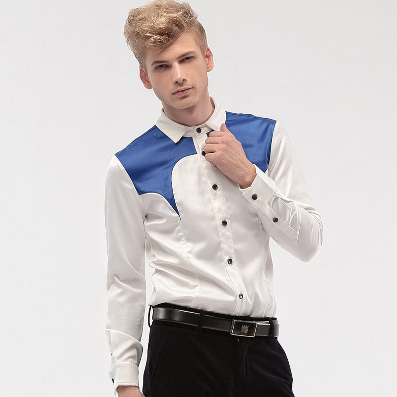 Blue Patchwork On Shoulder Men White Long Sleeve Slim Shirt - FanFreakz