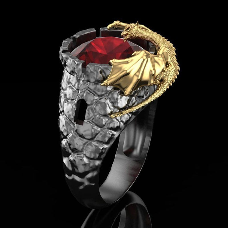 Anillo Gótico Dragón Dorado Sobre Piedra