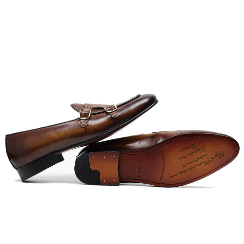 Stylish Black Brown Genuine Leather Hand Painted Monk Strap Style Men Loafers Shoes