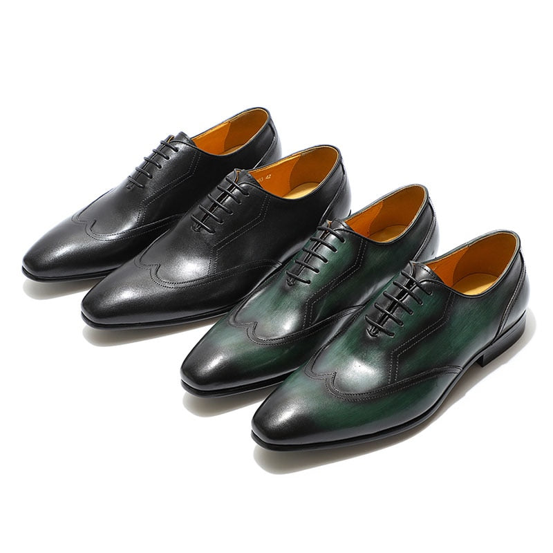 Excellent Black Green Hand Crafted Wingtip Men Oxfords Shoes