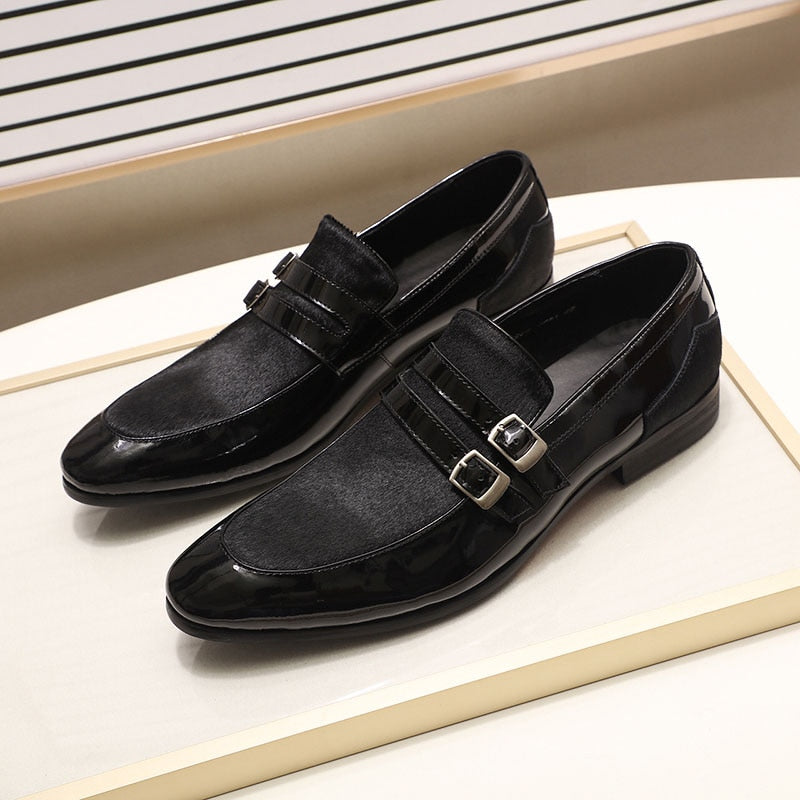 Double Buckles Patent Leather Casual Men Shoes