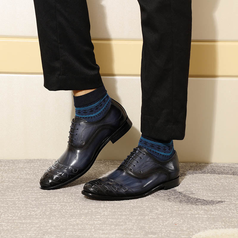 Plait and Hand Painted Pattern Round Toe Men Oxford Leather Shoes