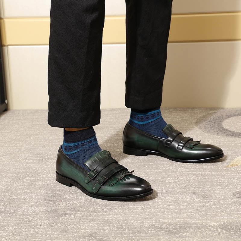 Elegantes mocasines de cuero con doble correa de monje con flecos