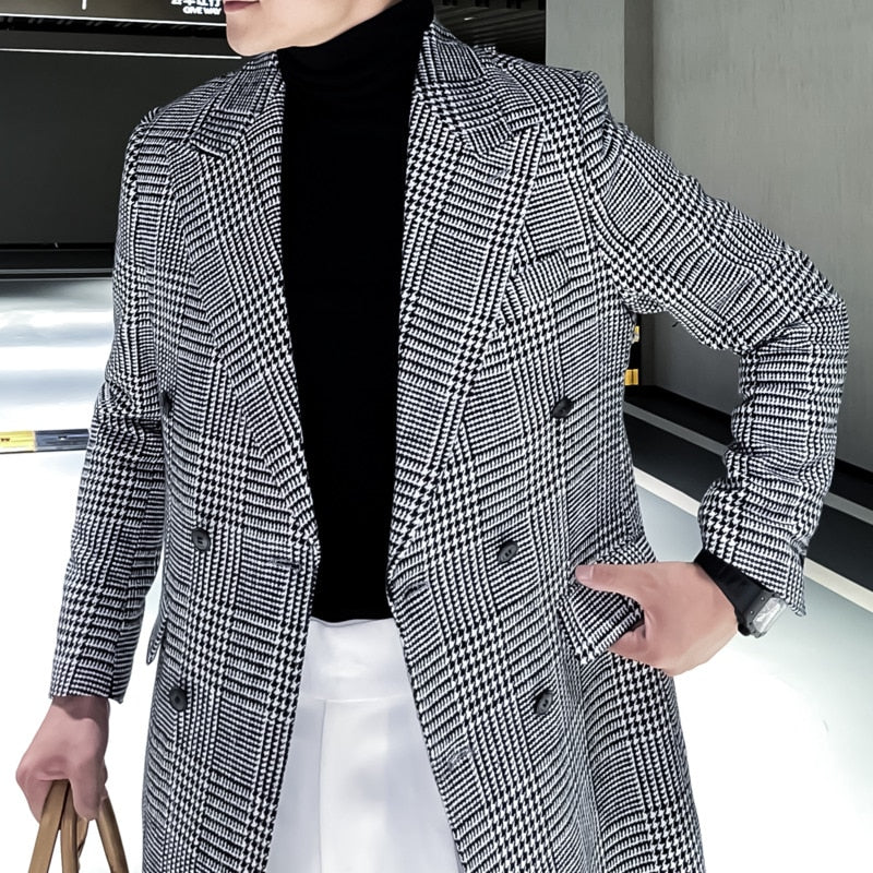 Manteau croisé à carreaux de style coréen