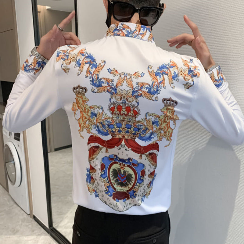 Chemise Slim Fit Bleue Imprimée Or