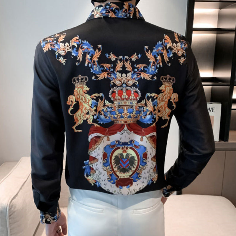 Chemise Slim Fit Bleue Imprimée Or