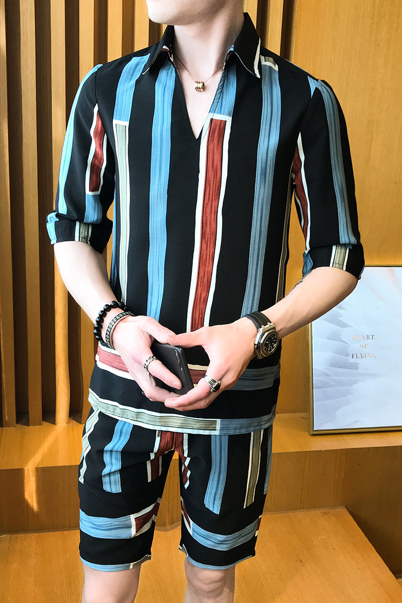 Colorful Stripe Men Shirts And Short Pants Set - FanFreakz
